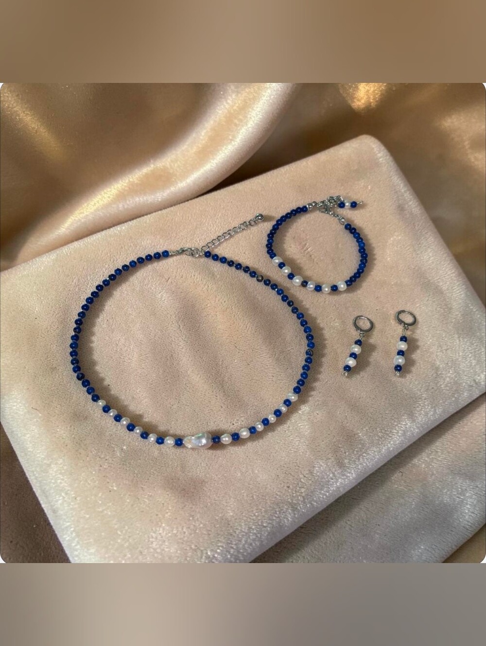 Lapis Lazuli With Pearls Jewelry Set - Picture 4 of 6